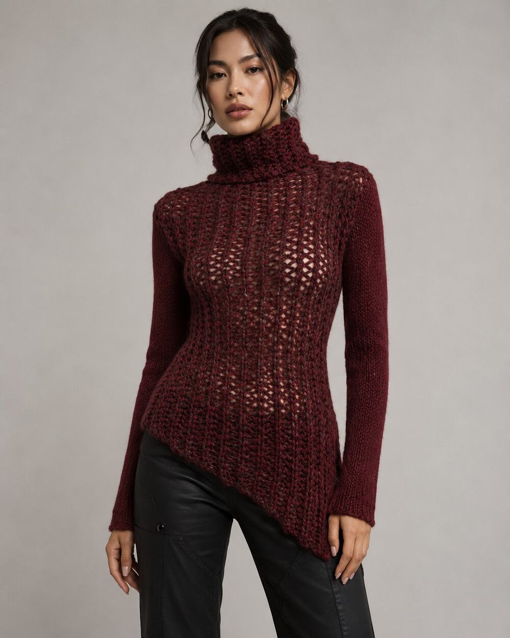 Helmut Lang Chunky Open Knit Asymmetrical Turtleneck Sweater Red Women's Size M